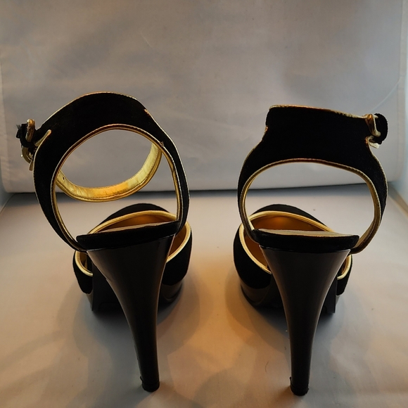 Nine West Ankle Strap Black & Gold Evening Shoe Size 8.5M - Picture 4 of 7